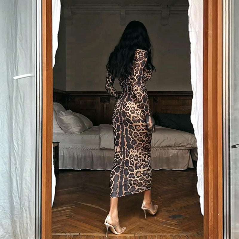 fall/winter european and american style cross-border women's fashion new animal print mock neck long sleeve bodycon mini dress