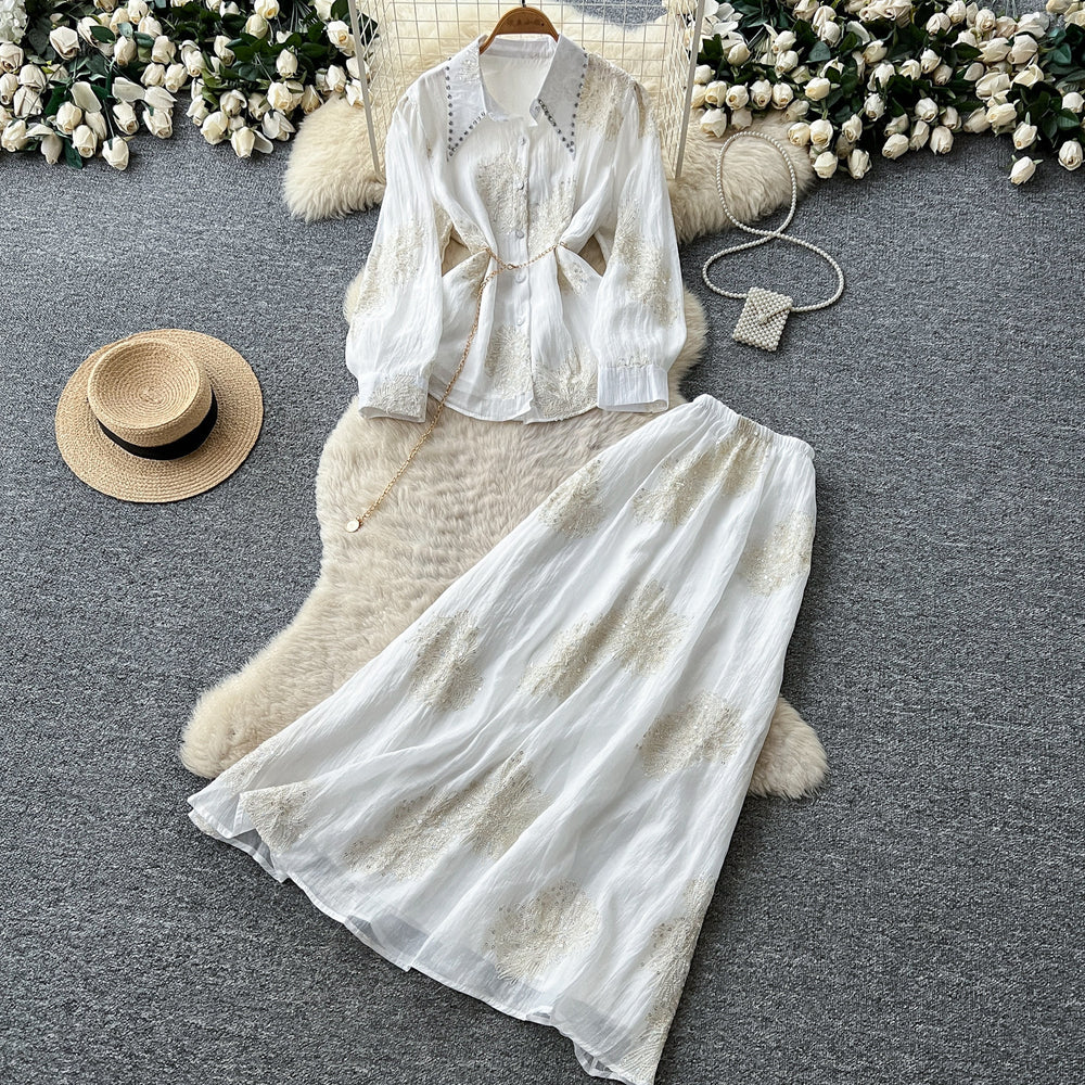 French chic embroidered mesh & rhinestone two-piece set - women's autumn long sleeve cinched waist tie-up high-end elegant outfit