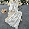 French chic embroidered mesh & rhinestone two-piece set - women's autumn long sleeve cinched waist tie-up high-end elegant outfit