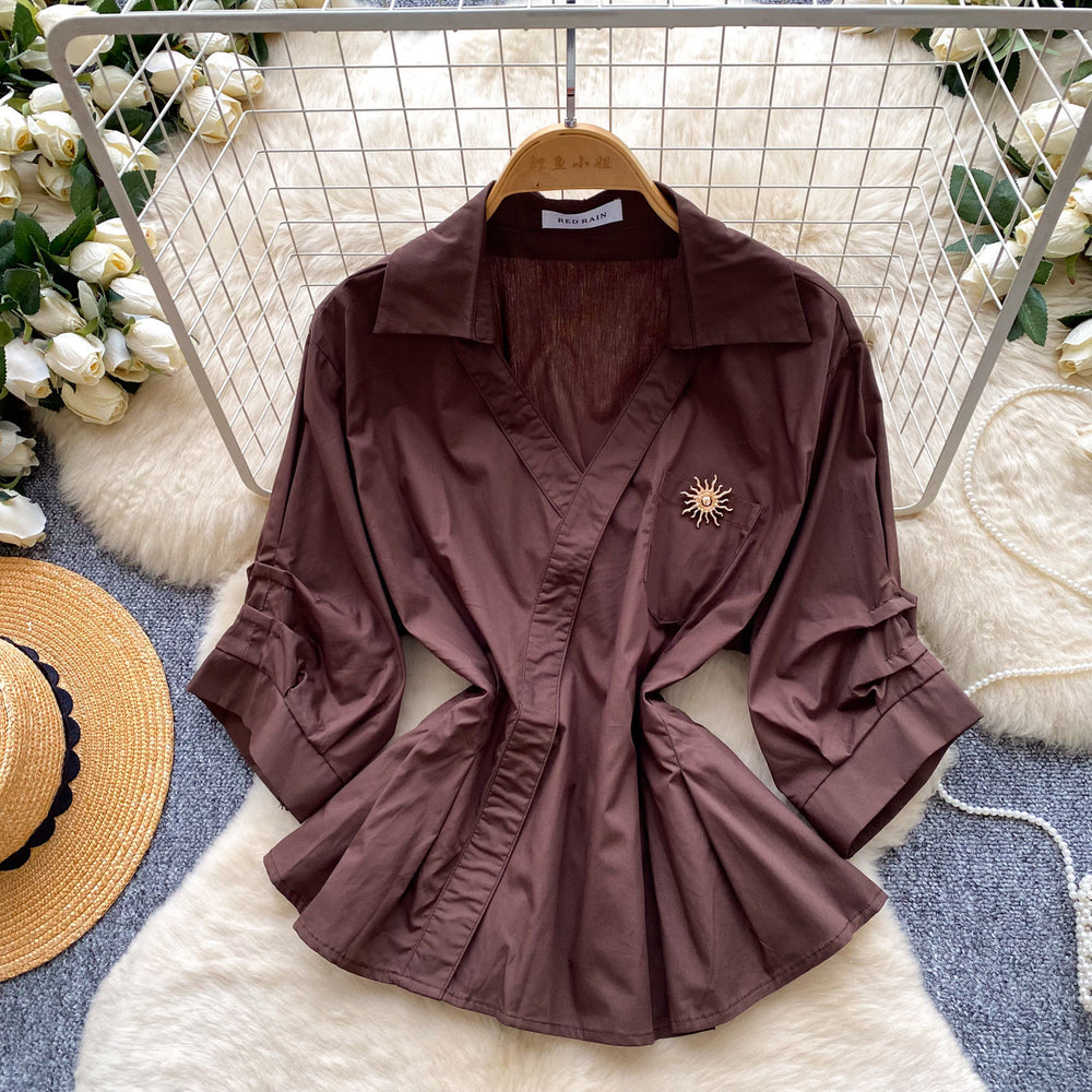 Korean style orange skin-friendly breathable casual fitted shirt - women's summer long sleeve commute style, slimming and figure-flattering top