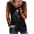 women's casual printed v-neck lace trim gold edge long sleeve t-shirt - in stock