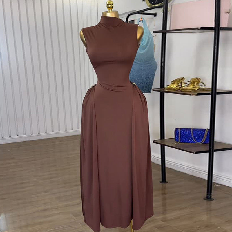 European and american cross-border women's fashion  summer new arrival: elegant turtleneck high-waisted sleeveless midi brown dress