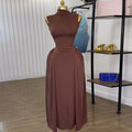 European and american cross-border women's fashion  summer new arrival: elegant turtleneck high-waisted sleeveless midi brown dress