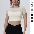 New arrival: solid color mesh double-layer breathable faux two-piece short sleeve top - perfect for casual wear, sports, running, fitness, and yoga