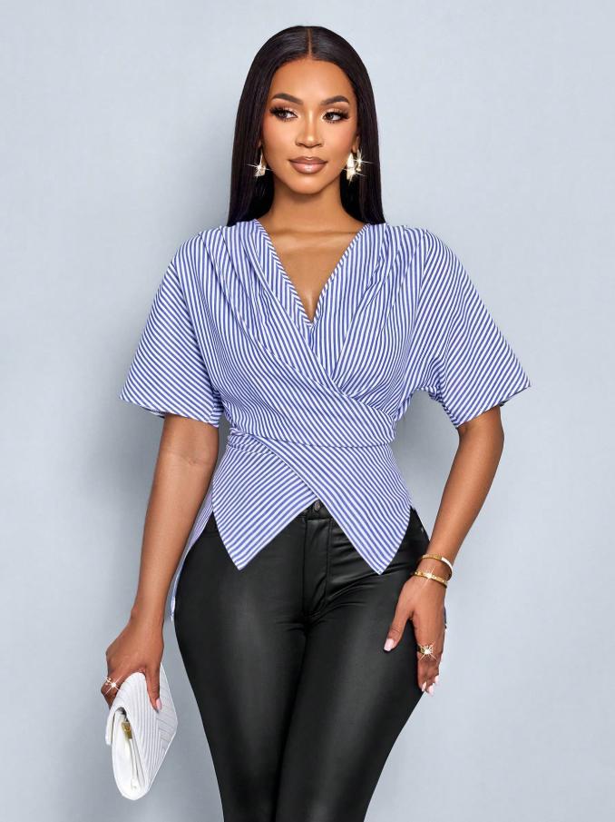 European and american cross-border  summer new striped irregular sexy fashion short-sleeve shirt v-neck top women's blouse