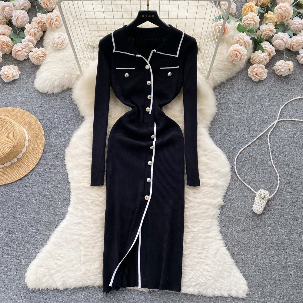 Korean chic autumn retro lapel color block single-breasted waist-defining slimming elegant slit bodycon knit dress