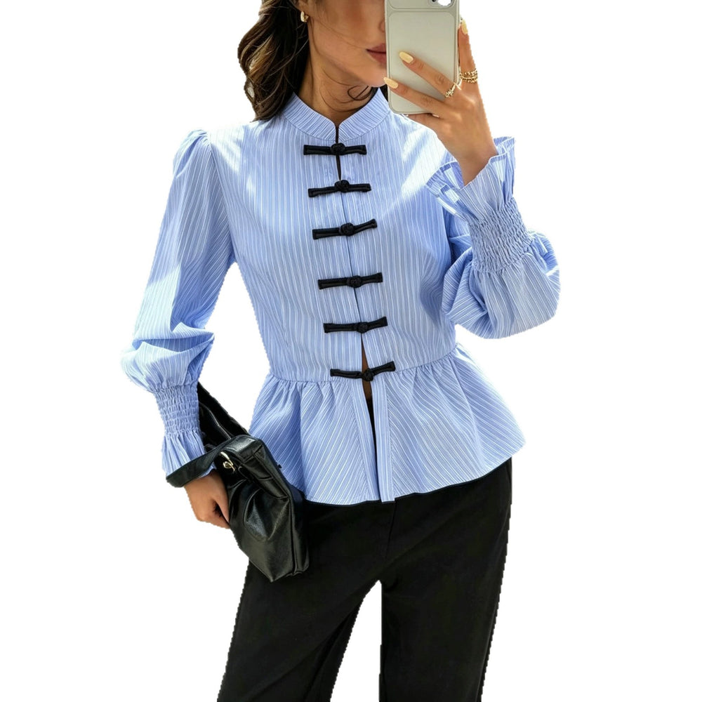 cross-border fashionable striped button-down shirt with ruffle sleeves and cinched waist – versatile style for us and european export