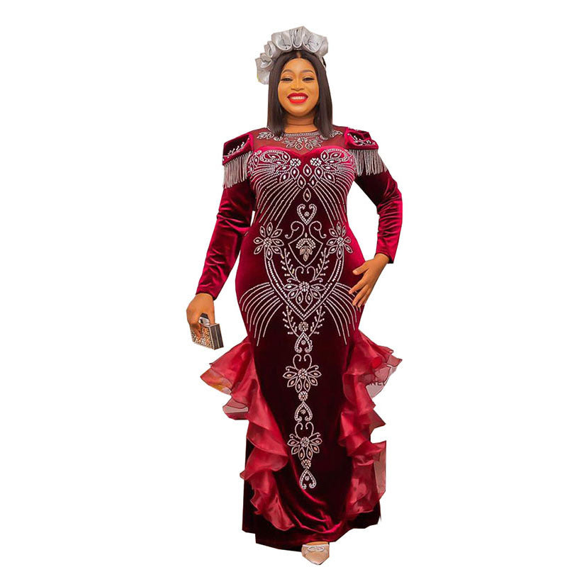 new arrivals: african cross-border sourcing - luxury rhinestone & beaded crew neck long sleeve korean velvet dress - special offer!