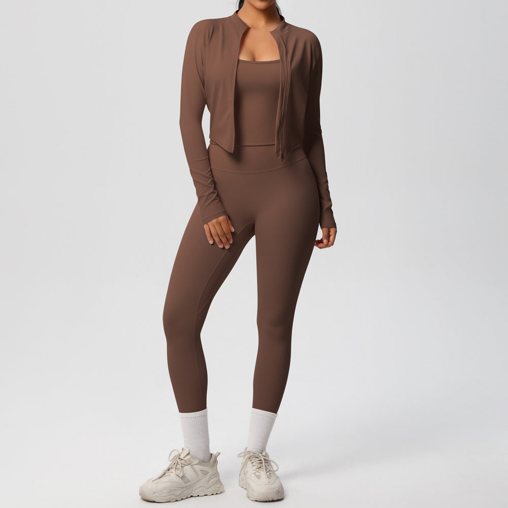 fashionpure color brushed nude breathable sling yoga suit running fitness sportswear three-piece set for women