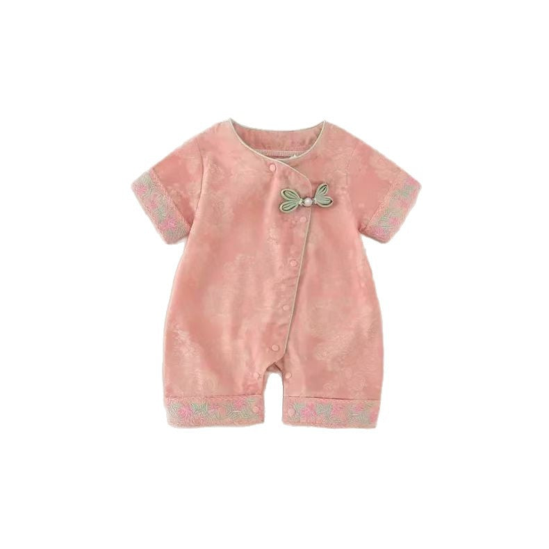 Summernew arrival baby chinese style lace jumpsuit for men and women baby dragon and phoenix printing festive auspicious hundred days crawling suit