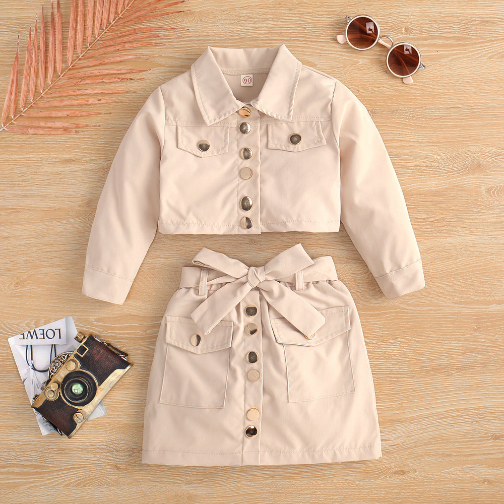 european and american girls' spring/autumn long-sleeved cropped jacket top + bow a-line skirt set - cross-border fashion
