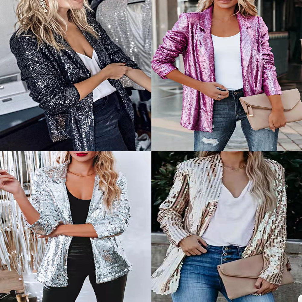 2025 spring european and american cross-border e-commerce women's fashion amazon new arrival multi-color sequin long sleeve chic blazer