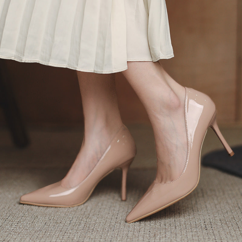 Nude stiletto heels - 2024 new spring/autumn collection - patent leather french pointed toe flats - versatile professional style women's shoes