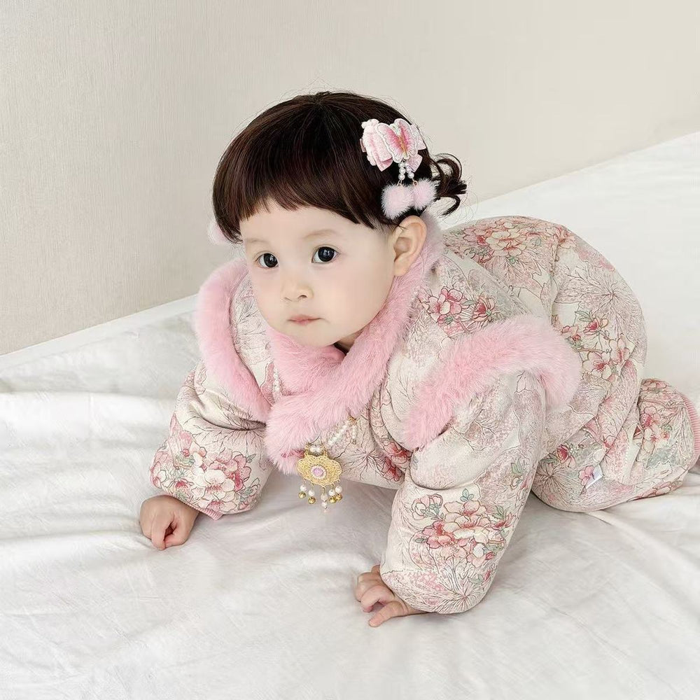 Newborn baby girl cute princess full moon baby fall and winter chinese style jumpsuit han dynasty thickenedcute outing clothes