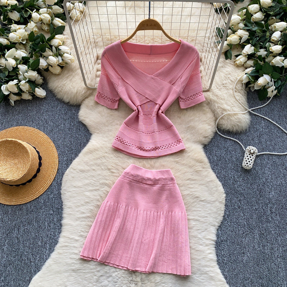 Commuter style pink knittingcut outtwo-piece set women's summer silmv neckcut outtops skirt fashionsuit