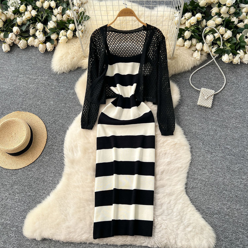 Striped knit cami dress + crochet openwork sun protection cardigan set - chic & elegant summer outfit for women