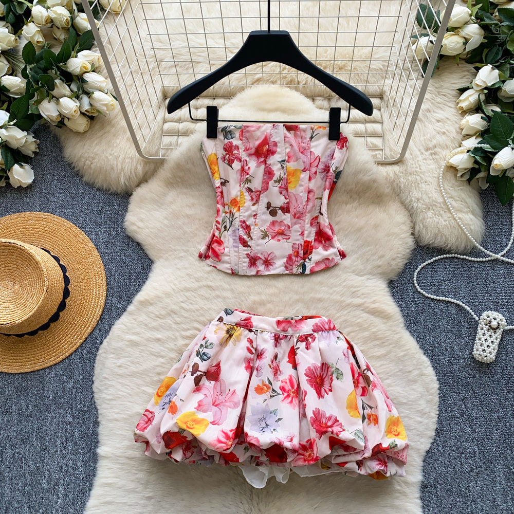 French-style bandeau top & midi skirt set - women's summer slim-fit two-piece outfit for a sweet and spicy look