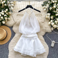 Pure desire halter beaded suspender dress goddess elegant waist ruffles chiffon skirt fairy vacation skirt
