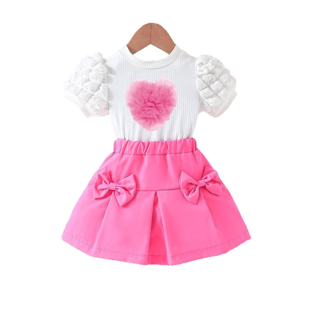 new european and american style girls' bubble sleeve top with heart-shaped bowknot skirt set - fashionable outfit