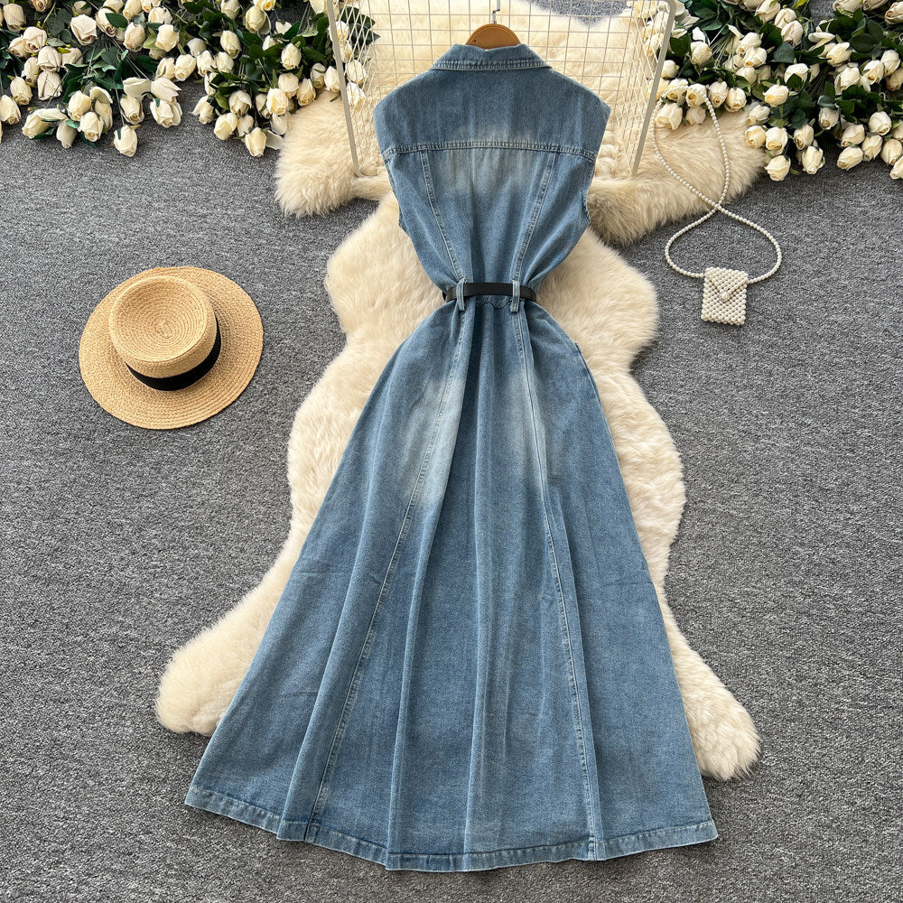 K-stylework clothing lapel sleeveless denim dress women's summerhigh waist waist single breasted slimming lookelegant long skirt