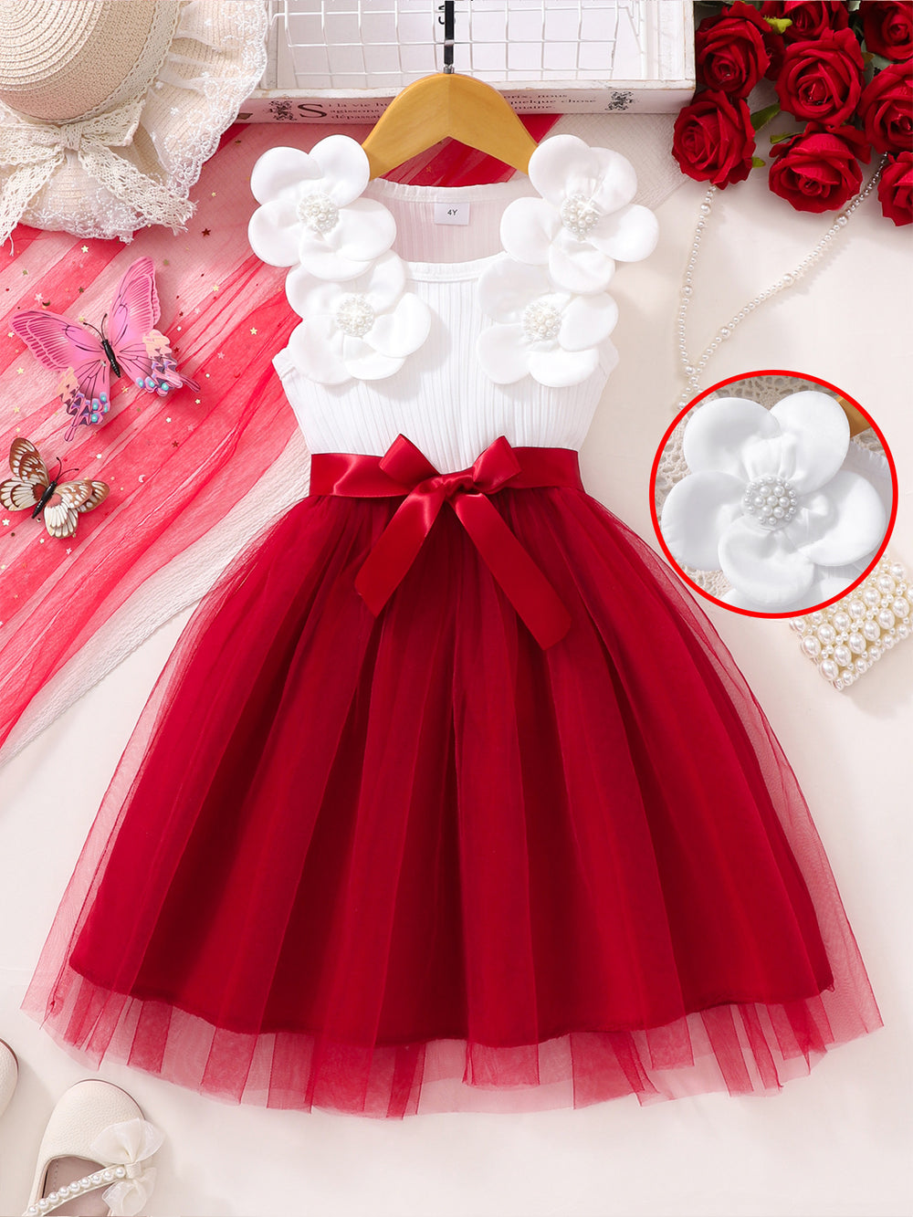 Girls' dress for toddlers and young children, pearl flower bow mesh dress