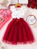Girls' dress for toddlers and young children, pearl flower bow mesh dress