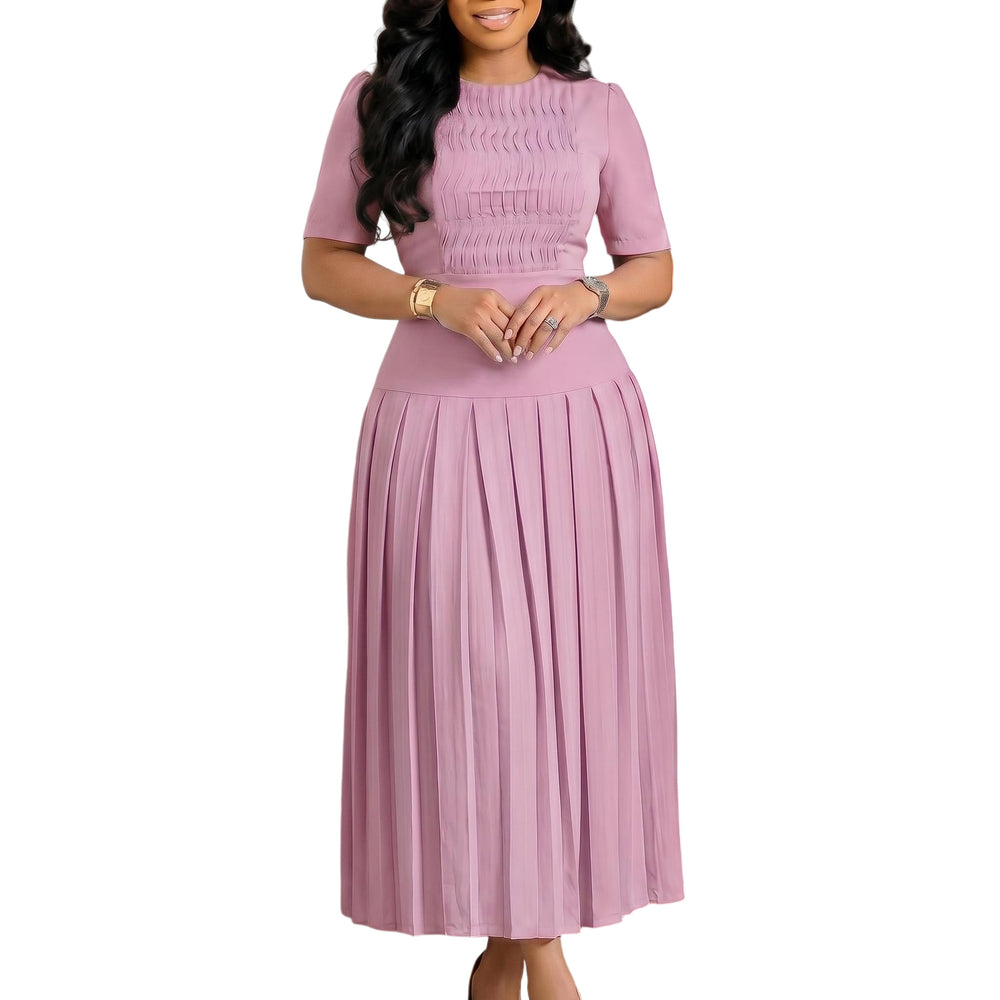 C8666  foreign trade women's fashion european and american  new pleated round neck patchwork crinkle cross-border dress