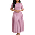 C8666  foreign trade women's fashion european and american  new pleated round neck patchwork crinkle cross-border dress