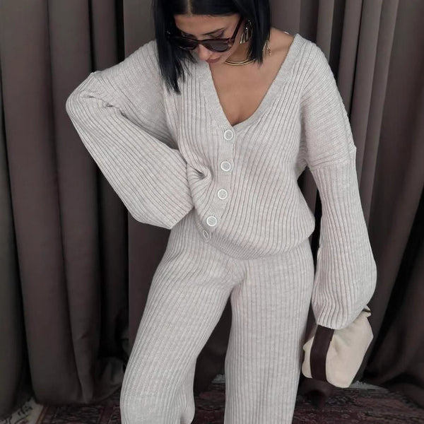 Spring and Autumn New Cross-border Foreign Trade Casual Women's Clothing Solid Color Long Sleeve Button Sweater Cardigan Pants Fashion Suit