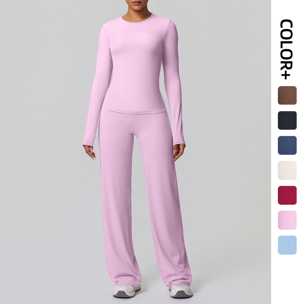 Cloud-feel outdoor casual yoga outfit: long-sleeve t-shirt top & high-waisted wide-leg active wear set for running and fitness