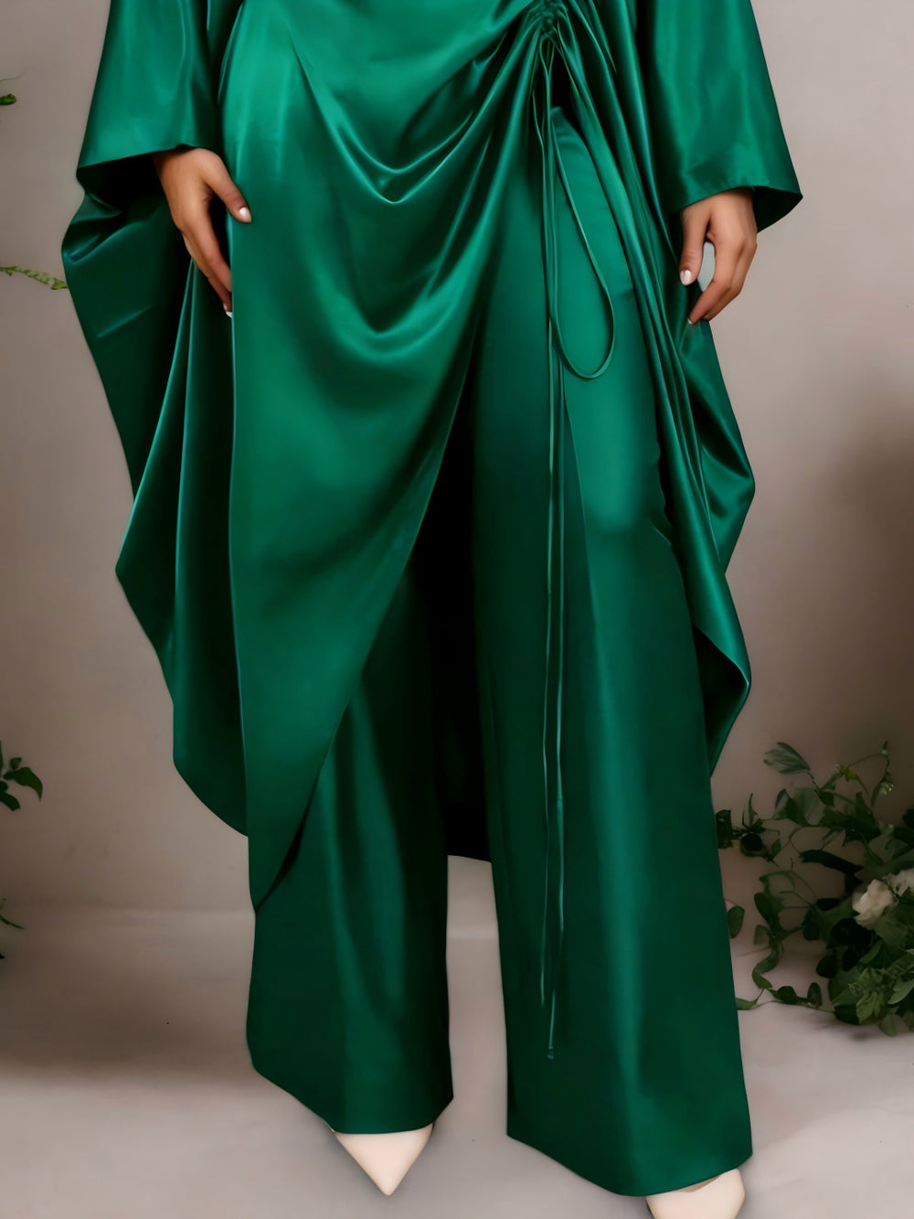 African deep red satin drawstring pant set - loose batwing sleeve cinched waist slimming robe wide leg two-piece outfit