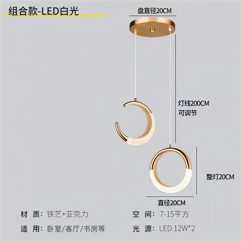 Luxury gold crystal crescent moon ring bedside pendant light - modern minimalist c-ring for bedroom, bar, entryway, and boutique hotel ambiance