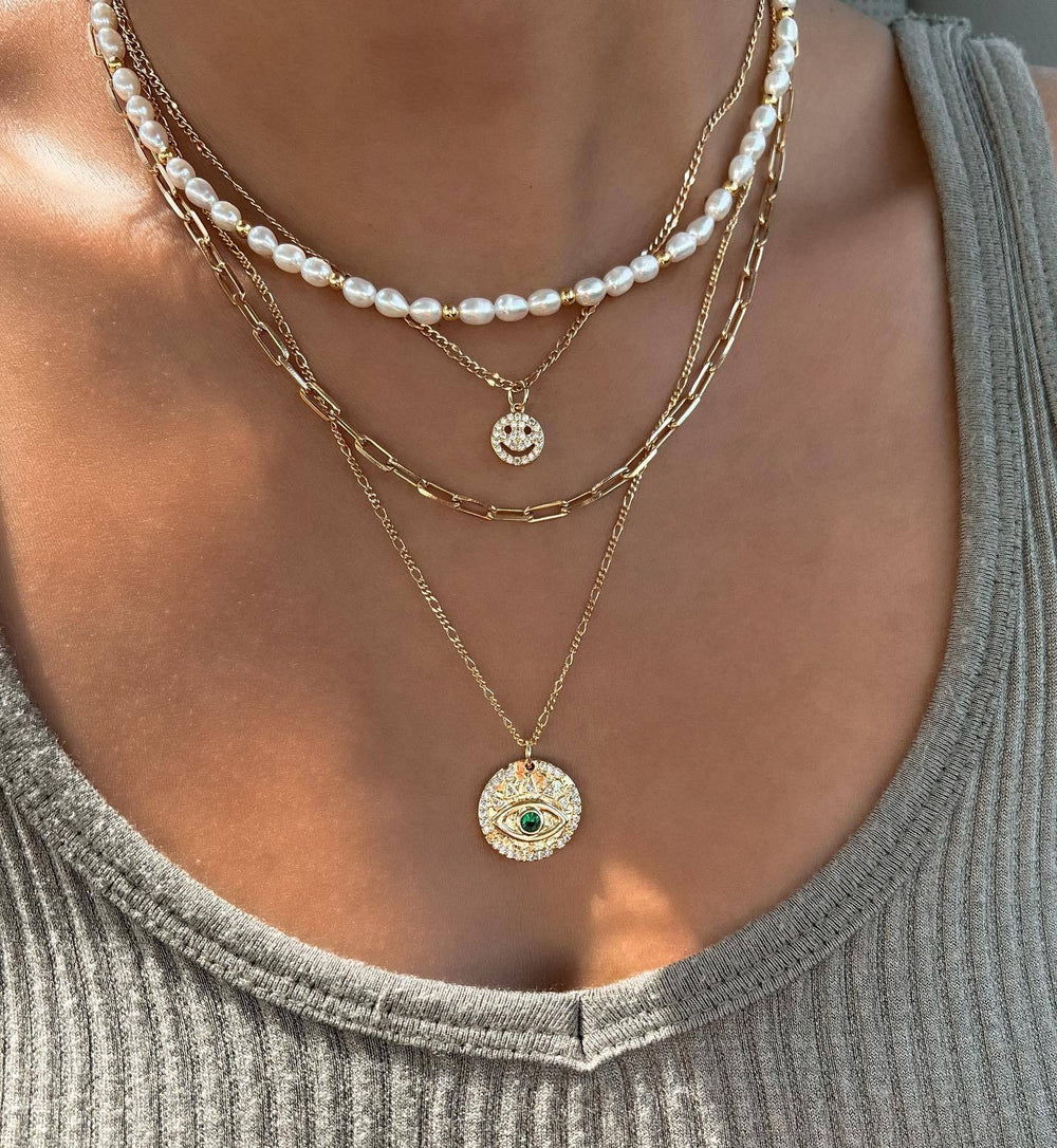 European and american chic minimalist faux pearl necklace - vintage french style, light luxury, diamond-accented smiley face & devil's eye layered necklace