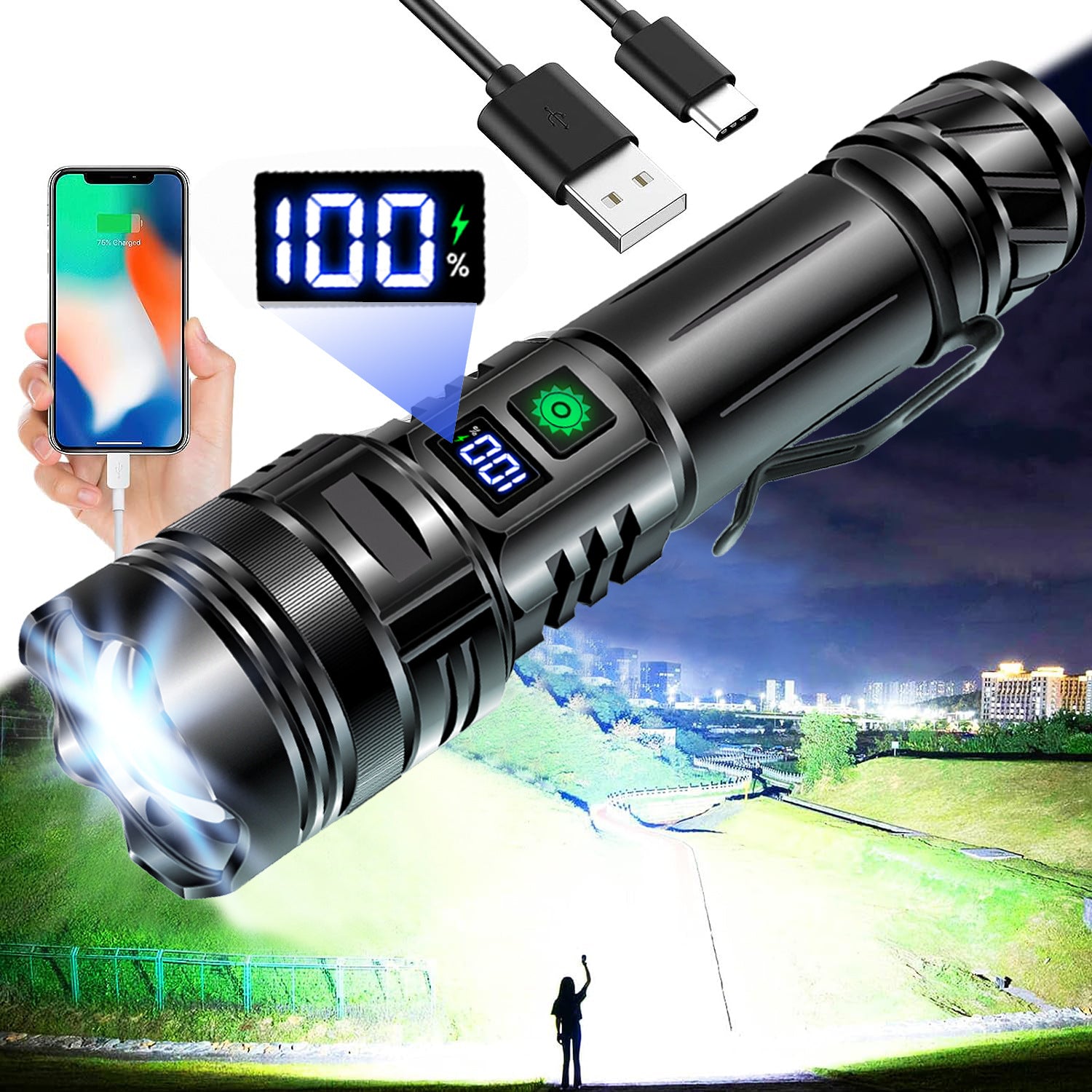 Cross-border strong light exploding flashlight outdoor patrol zoom digital display household charging multi-function laser cannon flashlight