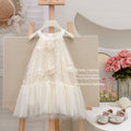 Girls' dress : stylish and ethereal princess dress with 3d floral yarn detail, halter neck fairy dress