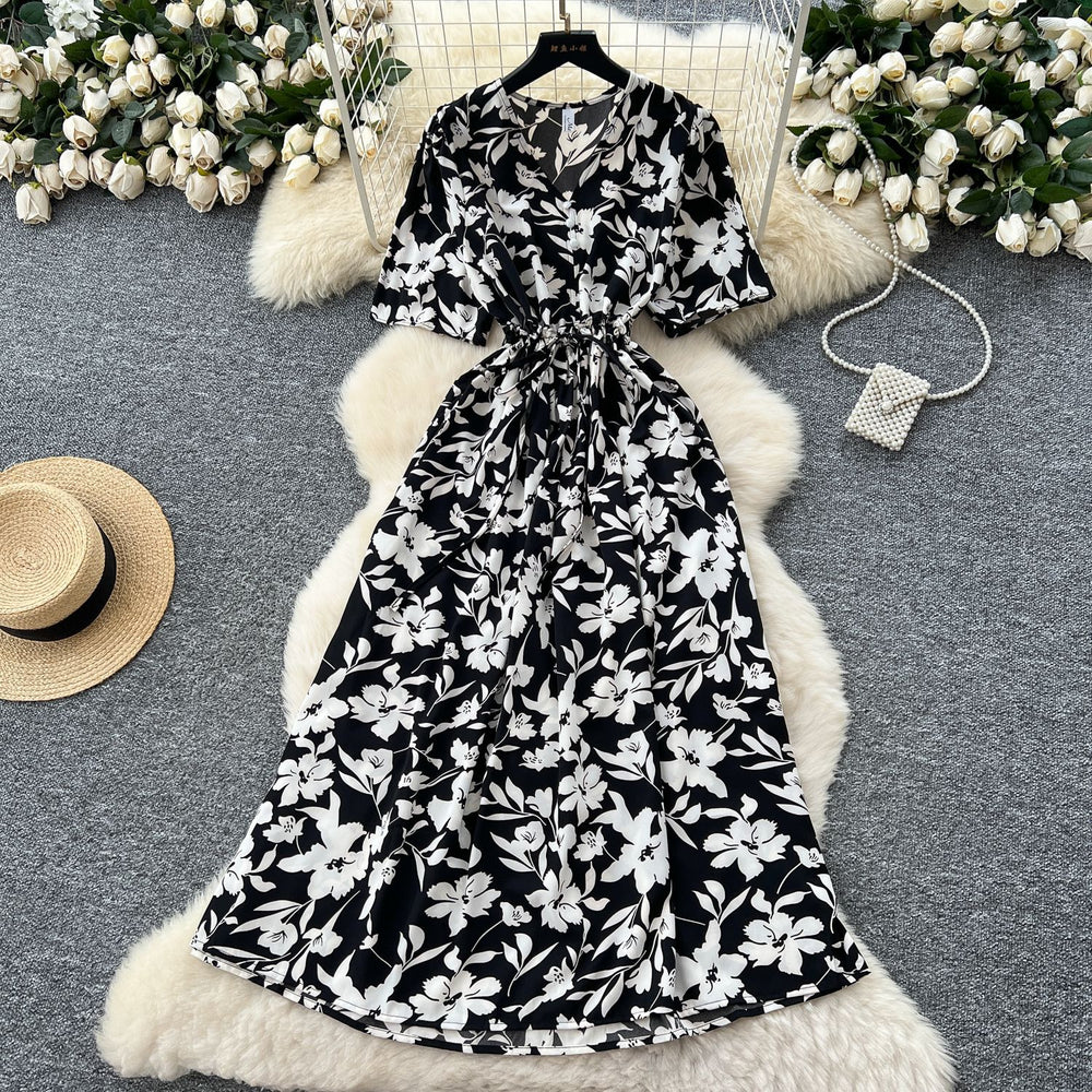 Frenchretrov neck drawstring waist short-sleeved printingdress women's summerslimming lookelegantretro over-the-knee long skirt