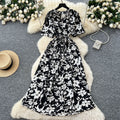 Frenchretrov neck drawstring waist short-sleeved printingdress women's summerslimming lookelegantretro over-the-knee long skirt