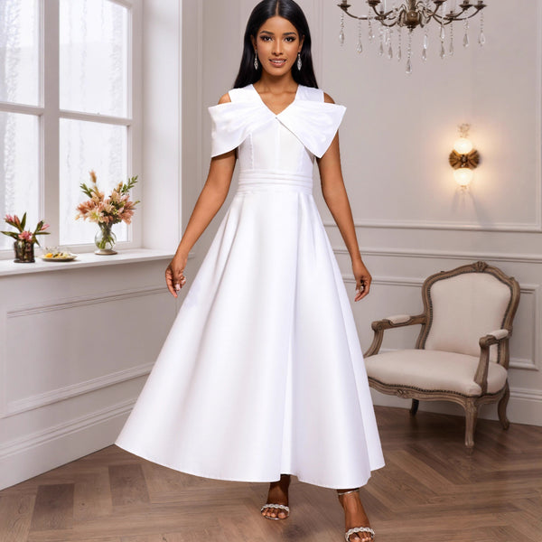 Off-the-shoulder V-neck irregular bow bridesmaid dress, waist and thin A pendulum party dress Party dress
