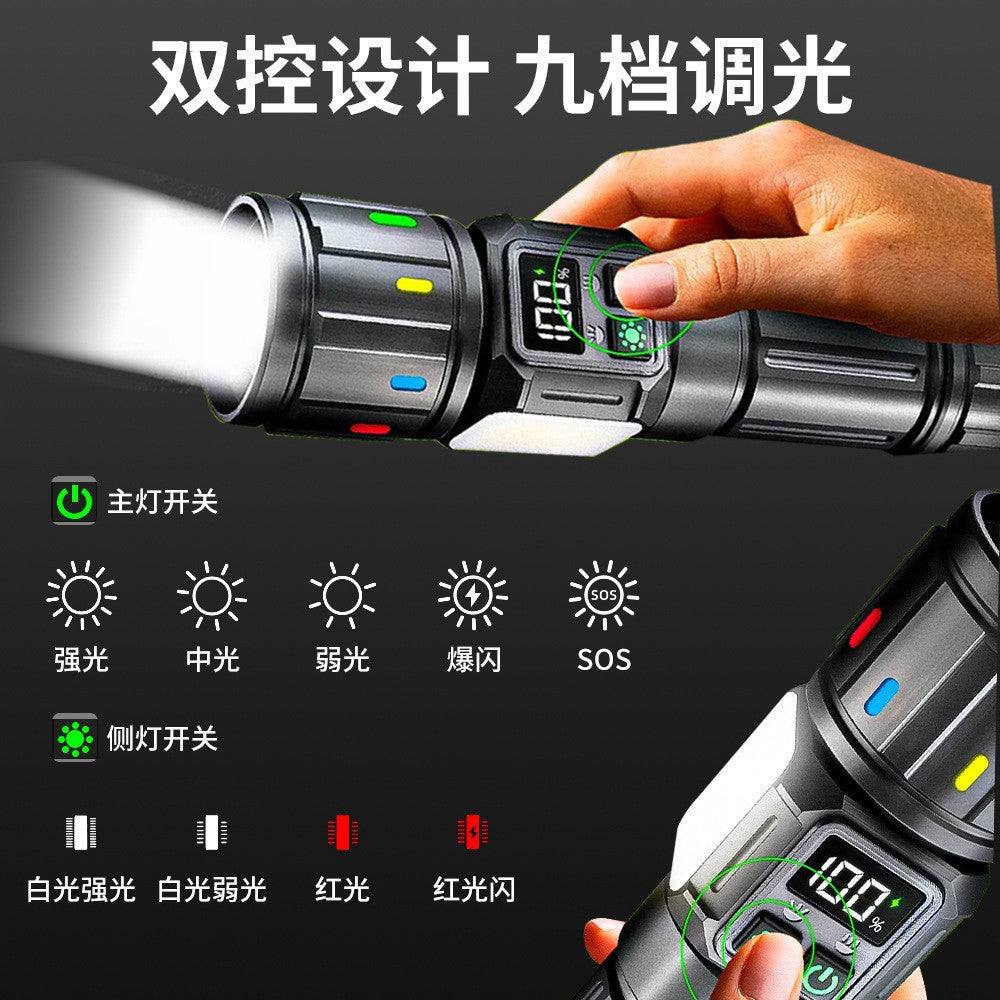 Cross-border new white laser strong light flashlight USB charging outdoor zoom digital display with side light LED flashlight