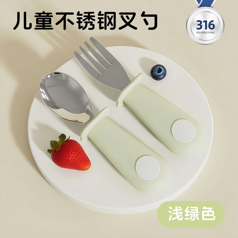 Baby silicone short-handled stainless steel fork and spoon set - self-feeding utensils for infants - cross-border hot seller