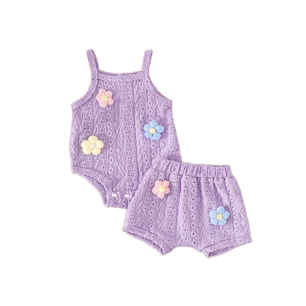 Children's clothing  fashion children's clothing cross-border stereo flower purple suspender top + shorts