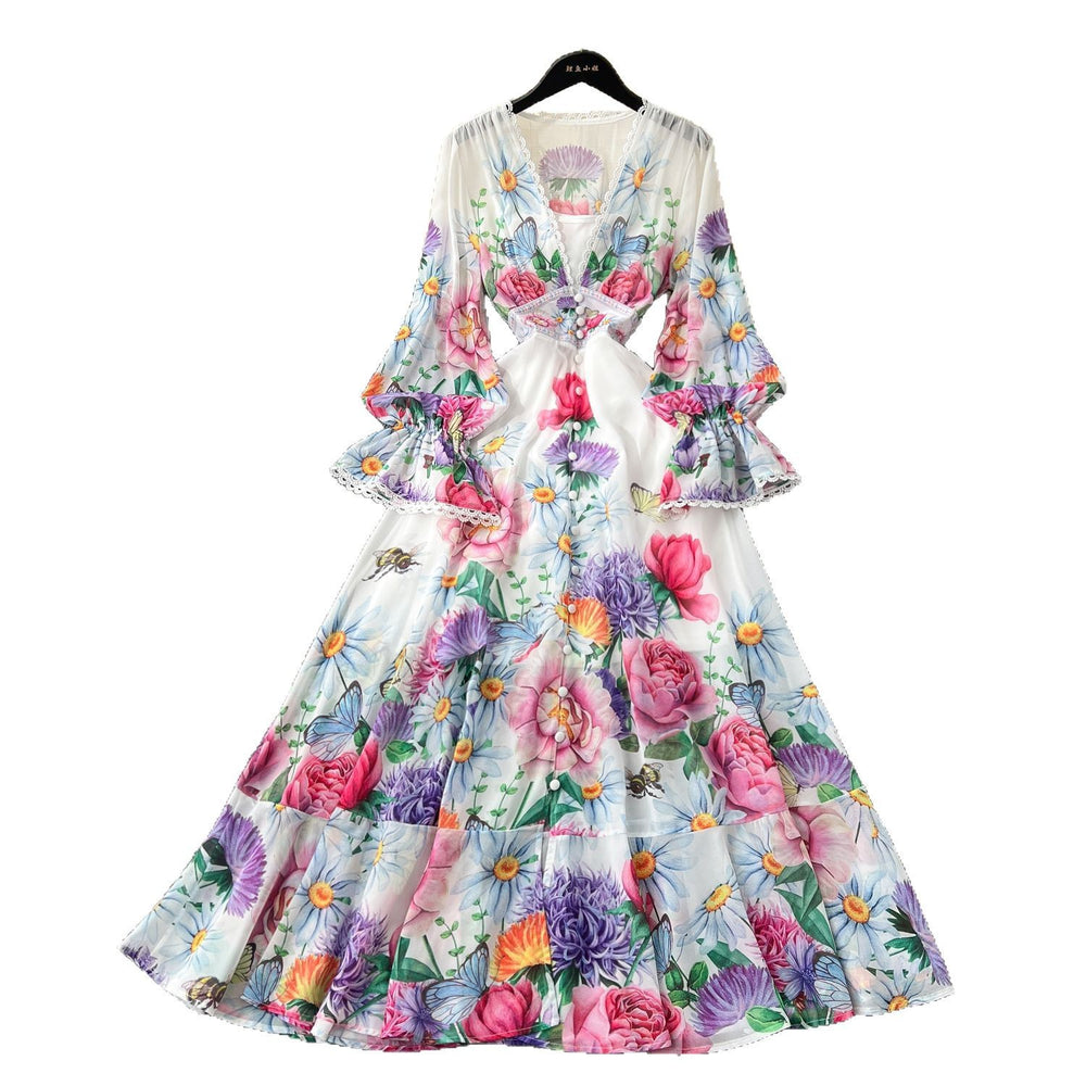 European and american niche resort style deep v-neck lace patchwork dress - women's high waist slimming ruffle hem printed maxi dress