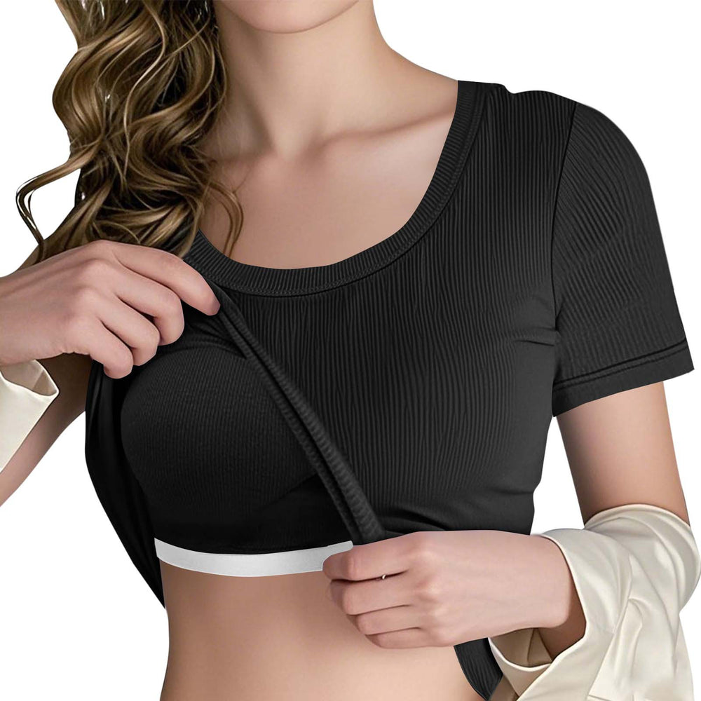 cross-border women's fashion solid color padded bralette top - versatile layering, loungewear, and everyday wear - crew neck short sleeve tank top