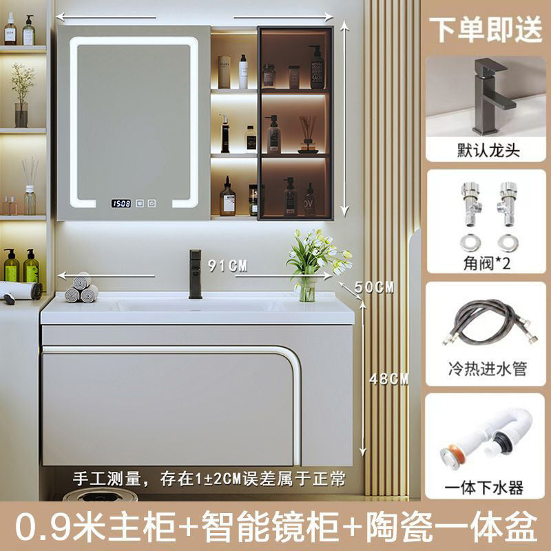 [Customized] Side storage bathroom cabinet ceramic integrated hand wash basin bathroom solid wood bathroom cabinet combination