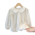 autumn new arrival: long-sleeved jacquard white blouse - stylish korean style baby undershirt with turn-down collar for girls