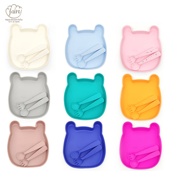 Wholesale baby silicone tableware set Food grade silicone fork and spoon meal set Children's cartoon cat rabbit bear grid plate