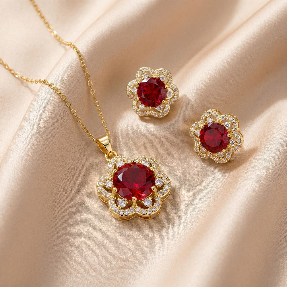 Luxury fashion white frame ruby flower full diamond necklace for women - versatile, minimalist, unique, non-fading choker jewelry