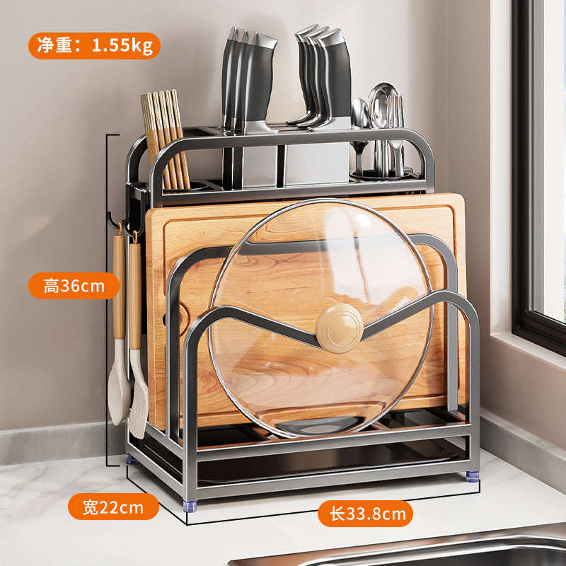 Stainless steel knife holder household pot lid rack cutting board rack thickened and thickened stainless steel wall hanging integrated storage shelf