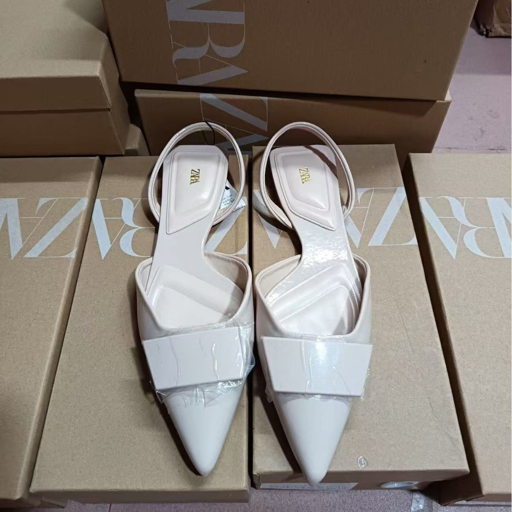 Za2024autum new pointed toe women's shoes fashion patent leather whiteflats square buckle headgear back strap sandals women