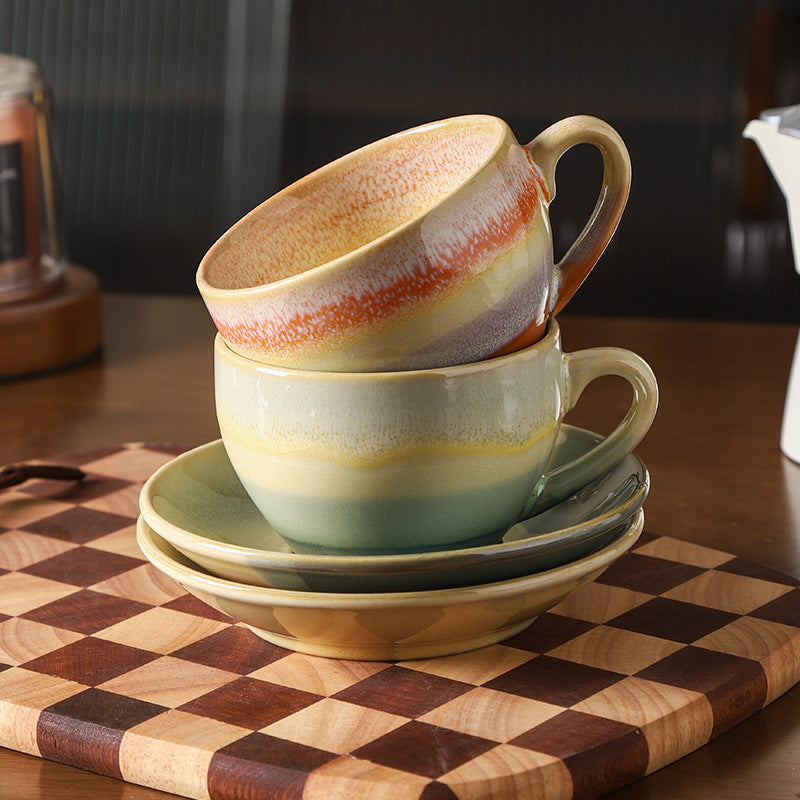 Vintage kiln-ware ceramic coffee cup and saucer set - exquisite, unique design for office afternoon tea or milk